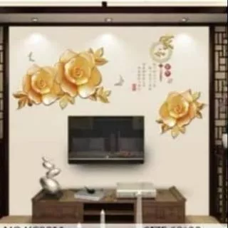 Stiker Dinding wallstiker 60x90cm Motif Karakter Bunga Rose Emas Kaligrafi Cina Dekorasi Ruangan