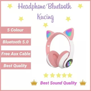Headphone Bluetooth Wireless Telinga Kucing Lucu Perempuan Gaming LED STN-28 Hifi Stereo Bass Ear Cat Mic