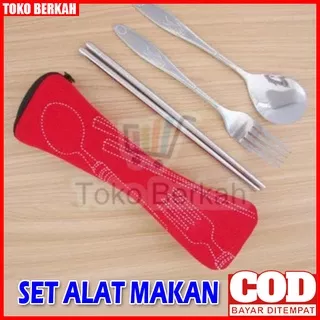 Set Sendok Garpu Sumpit Stainless Tempat Kantong Pouch Alat Makan Portable Praktis untuk Travel Traveling Mudik Liburan Peralatan Hiking Camping Kemping Gunung Outdoor Survival