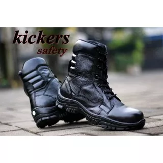 SEPATU PRIA PDL TNI POLRI SATPAM HANSIP KICKERS SAFETY UJUNG BESI TALI ZIPPER KULIT SAPI ASLI HITAM