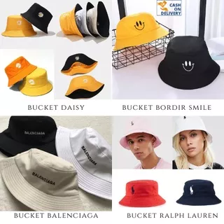 Bucket Hat Bordir Daisy / Balenciaga / Smile / Ralph Lauren Unisex Bahan Cotton Drill Kualitas Premium