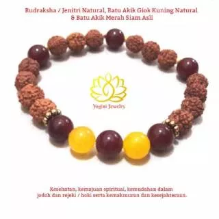 Gelang Rudraksha / Jenitri / Genitri, Batu Akik Giok Kuning Natural & Batu Akik Merah Siam Asli 8mm.
