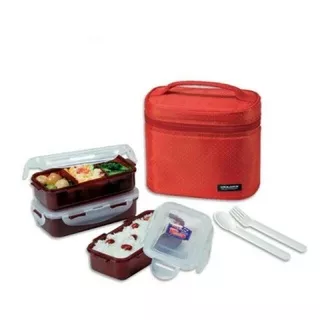 Lock and Lock n Lock & Lock Lunch Box 3P kotak makan +sendok garpu Red