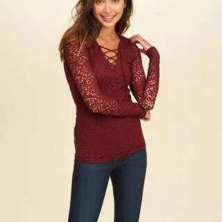 HOLLISTER Lace-Up Top BURGUNDY HOLL1809-C10