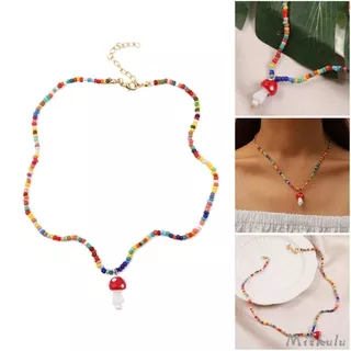 Cute Colorful Beads Chain Dainty Mushroom Shape Pendant Necklace Set Sweet Fresh Vegetables Mushroom