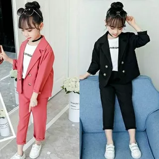 Setelan Kirey Celana dan Blazer Anak Perempuan Bahan Katun Stretch Polos 2 Warna Gratis Kaos Putih Polos / Pakaian Anak Perempuan / Celana Anak / Blazer Anak