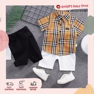 Setelan Stelan Baju Hem Celana Burberry Poket Kotak Anak Laki Laki Cowok Usia 9 Bulan -  4 Tahun  Import Murah Setelan Anak Burberry Lengan Pendek Cotton Katun  Setelan Kemeja Anak Laki-laki Import Kotak-Kotak Usia 9Bulan 1 2 3 4 Tahun