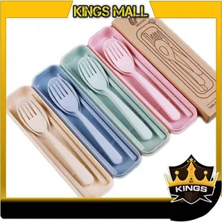 KINGS - H515 Sendok Set Garpu Sumpit + Kotak Bahan Jerami / Sendok Set 3 in 1 / Perlengkapan Makan