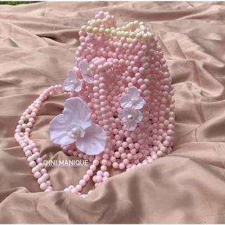 Lisa Bucket Bag / Color Baby Pink + White (Tas Manik / Tas Mutiara / Beads bag / Bucket Bag / Sling Bag / Tas Serut / Tas Monte Handmade Murah Lucu)
