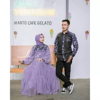 Set couple gamis brukat gamis syari muslimah gamis modern couple dan kemeja batik toyobo lengan panjang dan pendek Couple Brokat gamis brokat Kencana ungu limited edition by batik sumber bahagia