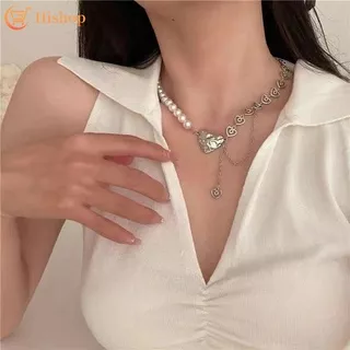 Pearl Silver Necklace Heart Pendant Elegant Splicing Chain Fashion Jewelry Accessories
