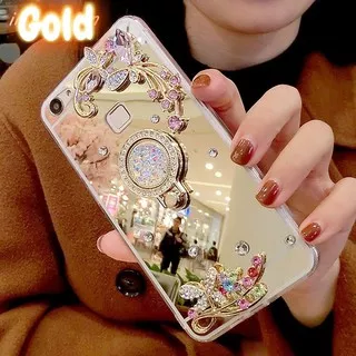 Oppo F3 Soft Case Mirror Flower Ring Stand Cover Casing Bling