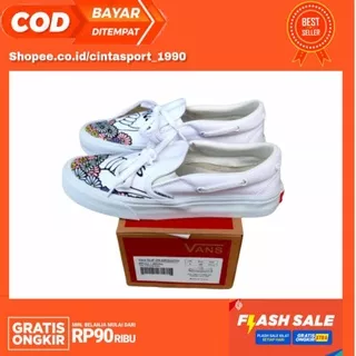 SEPATU SNEKAKER VANS SLIP ON WANITA KRIS GOTO BNIB WHITE KARAKTER BUNGA DT