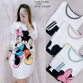 DRESS SCUBA WANITA FASHION IMPOR WHITE PJ MICKEY MINNIE D100