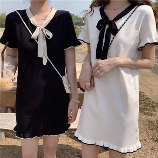 DRESS RAJUT HONEY (Hitam, Putih) - Casual dress black white Korean style fashion Korea polos basic