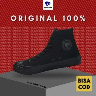 Ventela Original Ethnic High All Black Sepatu Casual Pria Wanita Tinggi Full Hitam Sneakers Tali