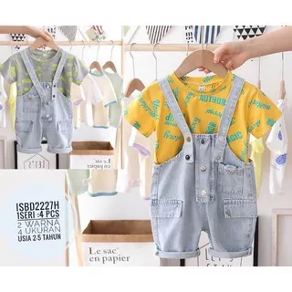 iroirokids 1-4thn Baju Setelan Kaos Kodok Monyet Celana Jeans Denim Salur