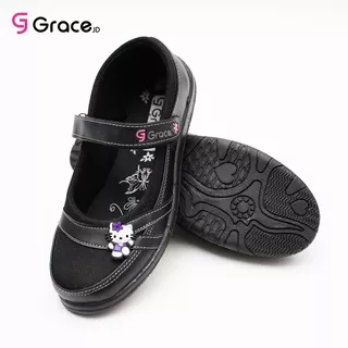 (HK 01)26/30/Sepatu sekolah anak cewek perempuan hitam/sepatu anak hello kitty/sepatu tali perekat