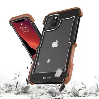 R-just Casing Bumper Case Aluminum Metal + Kayu Untuk iPhone 13 Pro MAX / 13 Mini / 12 Pro MAX / 11 Pro XS MAX XR SE