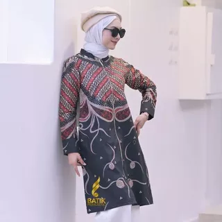 Tunik Ulfa Hitam Atasan Baju Batik Wanita Lengan Panjang Original Prabuseno Modern Premium Jumbo Big Size Full Furing Pakaian Kemeja Formal Kerja Kantor Kantoran Dewasa Muslim Hijab Jilbab Elegan Etnik Eksklusif Kekinian Katun Printing Jakarta Solo Busui