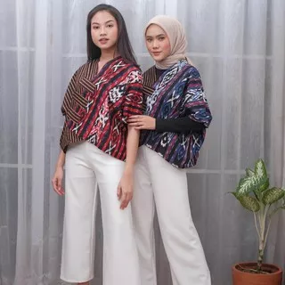 Blus Croptop Cropping Lurik Kombinasi Motif Tenun Baju Batik Kantoran Wanita Casual Formal Katun Warna