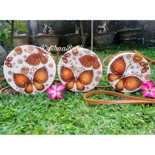 Tas Rotan Bulat Putih Decoupage Lukis Bali Kancing Pita Klip Diameter 20 18 15 cm Ate Ata