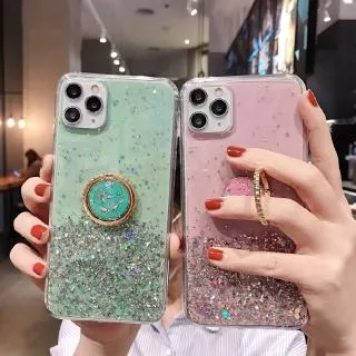 PT| Casing Hp Xiaomi Poco X3 Redmi 9T 6 8A Pro 4X 5A 6 6A 7 7A 8 9A 9C 9 Note 4 4X 5 7 8 9 9s 10 Pro Max Soft Cyan Green Pink Glitter Bling Epoxy Starry Sky Finger Ring Case