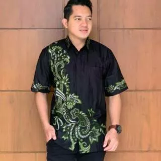 Kemeja batik pria modern wayang susun / kemeja batik pria hitam manis kujang