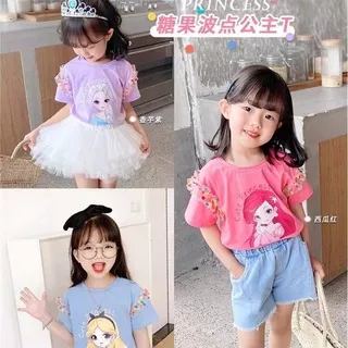 Baju Kaos Princess Anak Perempuan Impor Motif Elsa Aurora Cinderella Rainbow Sleeve