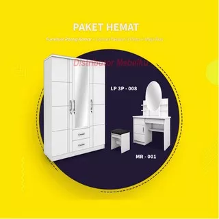 Paket Hemat Furniture Ruang Kamar Lemari Pakaian 3 Pintu 008 + Meja Rias Murah Minimalis Putih