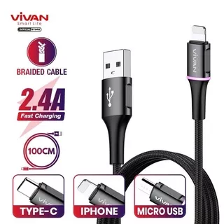 VIVAN Kabel Data Type-C / iPhone / Micro USB Cable Data 100CM 2.4A LED Light Quick Charge Garansi Original Resmi