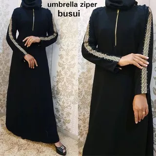 Abaya Gamis Hitam Maxi Dress Arab Saudi Bordir Turki Dubai Turkey India Umbrella Ziper