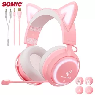 Somic Gs510 Headset Gaming Kabel Usb + 3.5mm Desain Telinga Kucing Pink Dengan Mic + Lampu Led Putih Untuk Ps4
