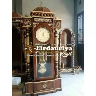 Jam hias lemari almari kaligrafi masjid kayu jati ukir Jepara antik murah terlaris