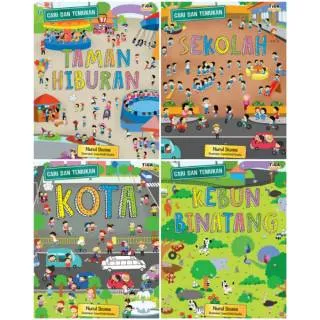 Seri cari dan temukan Taman Hiburan, Sekolah, Kota, Kebun Binatang. Buku anak lokal Tiga Ananda