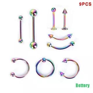 [Bettery] 9Pcs Stainless Steel Eyebrow Lip Nose Barbell Ball Rings Body Piercing Jewelry CVBH