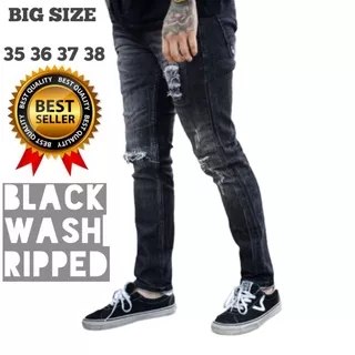 BIG SIZE BLACK WASH SOBEK 35 s/d 38 - Celana jeans pria sobek lutut robek ripped destroy premium grey size 27-332 cut knee