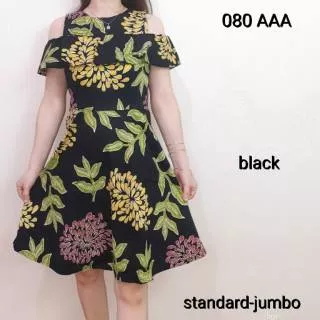 DRESS BATIK 080AAA# DRESS BATIK SABRINA MOTIF BUNGA WARNA BLACK BAHAN KATUN STRETCH