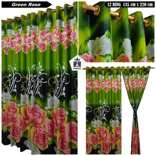 Gorden Smokring 12 Ring Tirai Pintu Kamar Hordeng Jendela Motif Bunga Green Rose Mawar Hijau Ruang Tamu Ukuran Lebar Tinggi 135x220 Cm Aestetic