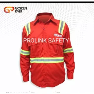 BAJU HSE SERAGAM SAFETY MERAH KANCING FREE LOGO ATASAN KAIN DRILL