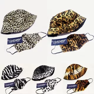 Topi Bucket Hat Motif Bundling Masker Kain Bahan Bludru Macan Leopard Jaguar Zebra