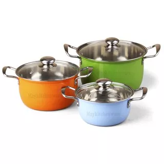 Panci Set 3 Stainless Steel Warna Korea Pot Warna Cooking Pot Soup Sop Kuah Tebal Tutup Kaca Murah