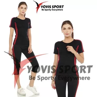 Setelan Baju Senam /Olahraga Setelan Celana pendek 7/8 Wanita terbaru - Hitam hitam, XL