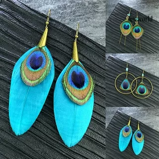 OW# Peacock Feather Drop Earrings Ethnic Style Women Geometric Shape Circle Hook Earrings Jewelry Accessory