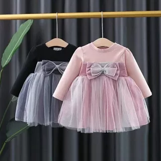 DRESS ANAK BABY IMPORT PREMIUM 6 BULAN - 4 TAHUN RIBBON DRESS KOREAN STYLE - WRNA PINK, PUTIH, HITAM