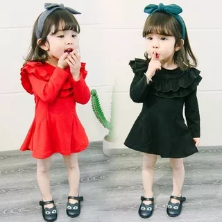 2 - 4 tahun dress anak perempuan import fashion simple polos merah hitam lengan panjang bahan melar adem katun rok mayung payung korean style gaya korea