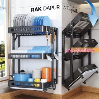 Rak Piring Dapur 3 Tingkat Lipat Gantung Tempel Dinding Stainless