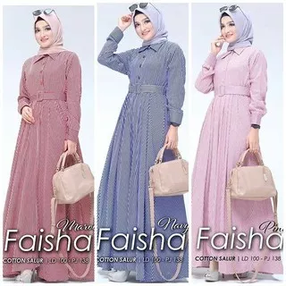 FAISHA DRESS Katun Salur Jepang Baju Hijab Panjang Simple Gaun Kerja Trendy Gamis Muslimah Murah