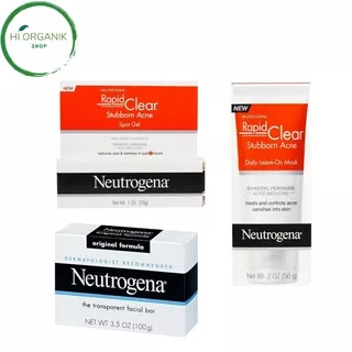 Neutrogena Rapid Clear Stubborn Acne Spot Gel 28 gr ; rapid Clear Stubborn Acne Daily Leave-On Mask 56 gr ; Original transparan Facial soap Bar 99 gr / Obat Jerawat