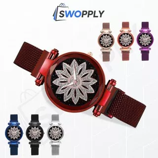 Swopply J158 Jam Tangan Perempuan Motif Bunga Glitter Rantai Magnet Woman Flower Watch Fashion Murah